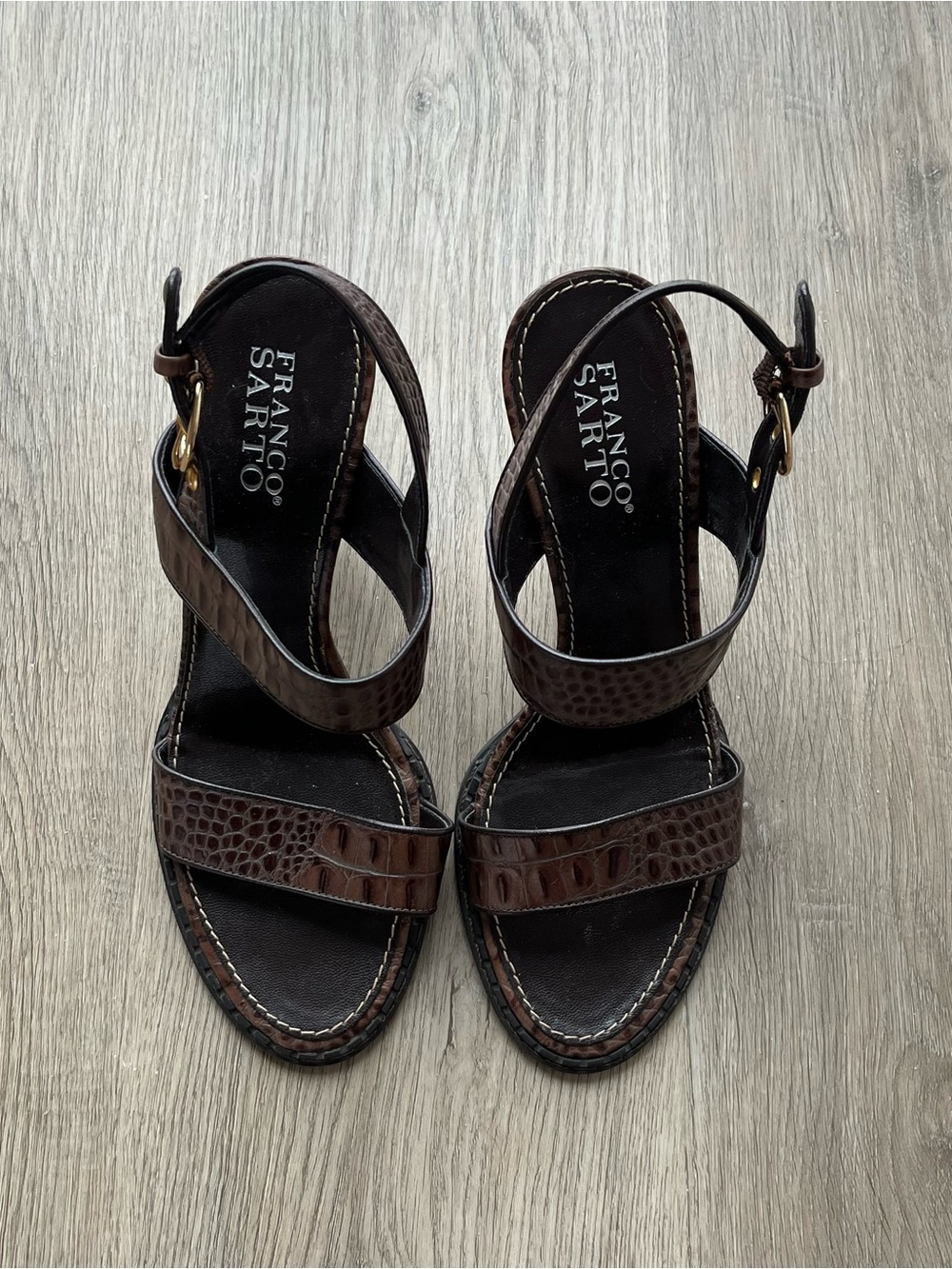 8.5 Franco Sarto Brown Croc-Embossed Leather Women's Sandals